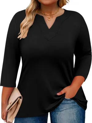 Romanstii Womens Plus Size Tops Casual 3/4 Sleeve V Neck T Shirt Loose Fit Tunic Blouse 1X-5X