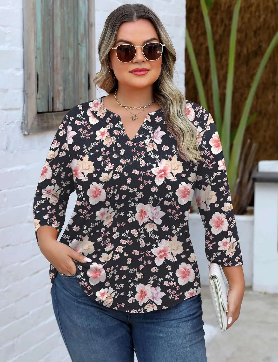 Romanstii Womens Plus Size Tops Casual 3/4 Sleeve V Neck T Shirt Loose Fit Tunic Blouse 1X-5X