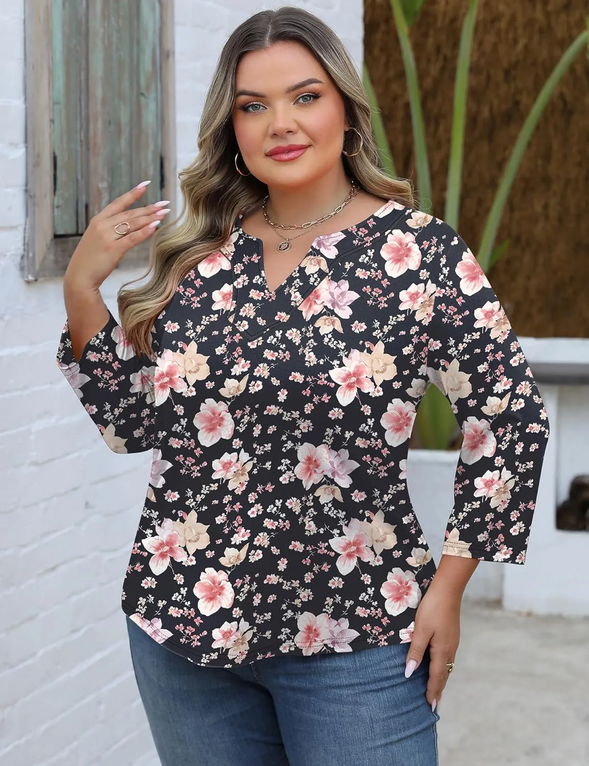 Romanstii Womens Plus Size Tops Casual 3/4 Sleeve V Neck T Shirt Loose Fit Tunic Blouse 1X-5X
