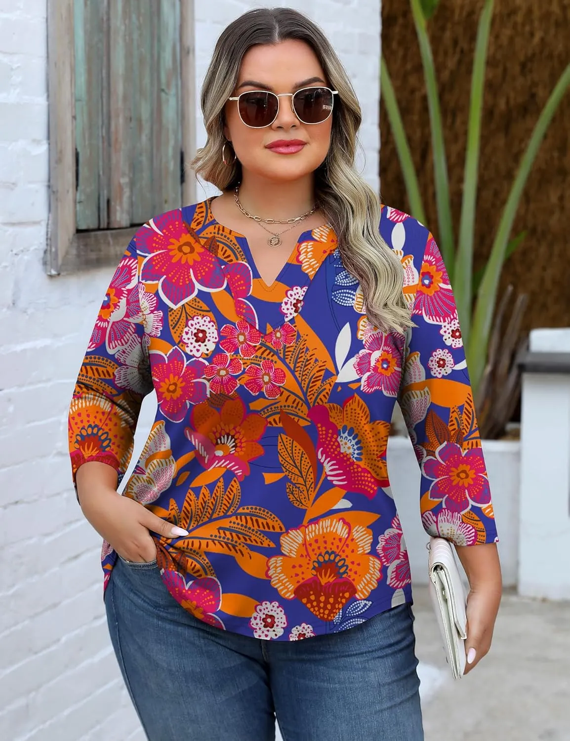 Romanstii Womens Plus Size Tops Casual 3/4 Sleeve V Neck T Shirt Loose Fit Tunic Blouse 1X-5X
