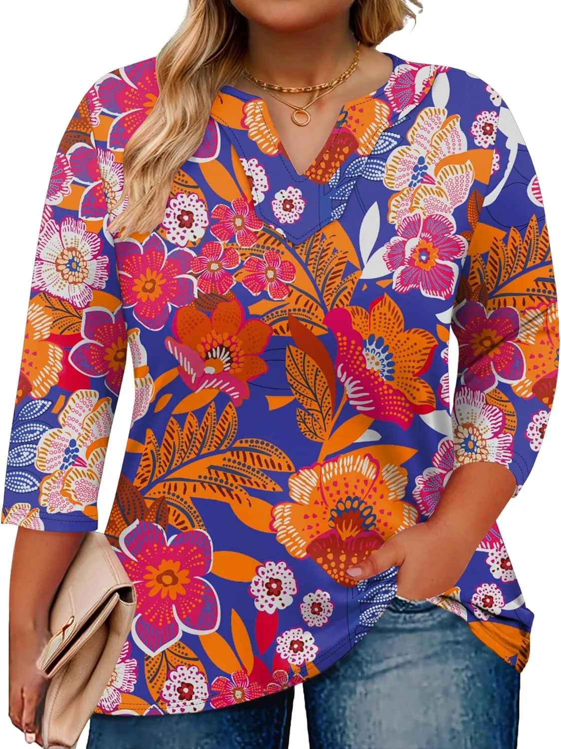 Romanstii Womens Plus Size Tops Casual 3/4 Sleeve V Neck T Shirt Loose Fit Tunic Blouse 1X-5X
