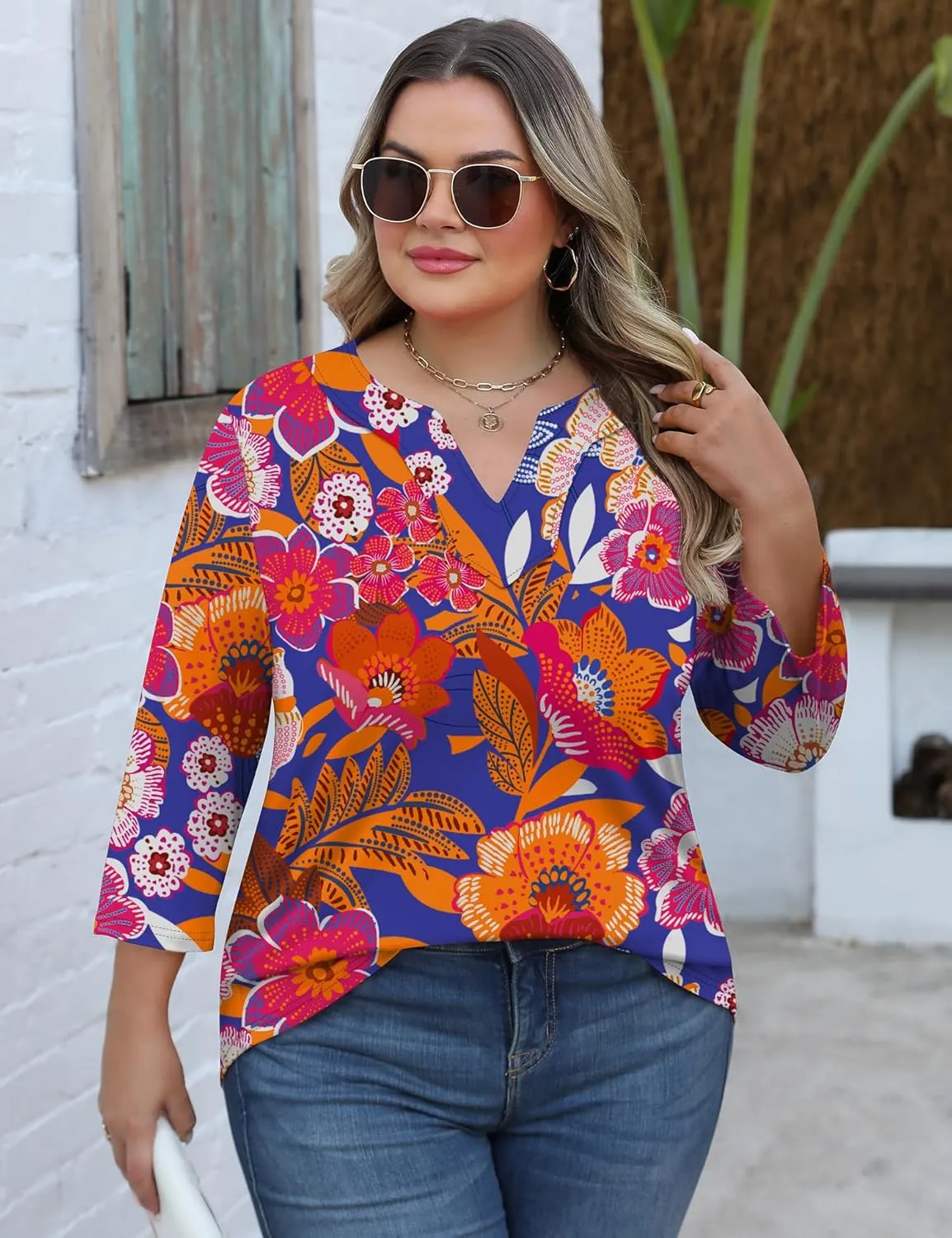 Romanstii Womens Plus Size Tops Casual 3/4 Sleeve V Neck T Shirt Loose Fit Tunic Blouse 1X-5X