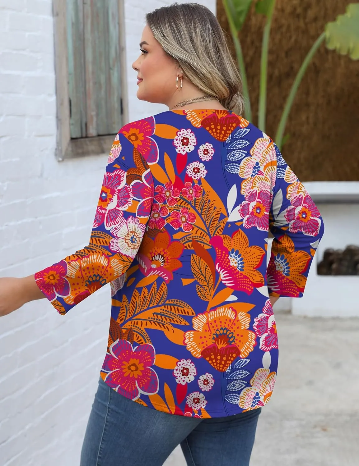 Romanstii Womens Plus Size Tops Casual 3/4 Sleeve V Neck T Shirt Loose Fit Tunic Blouse 1X-5X