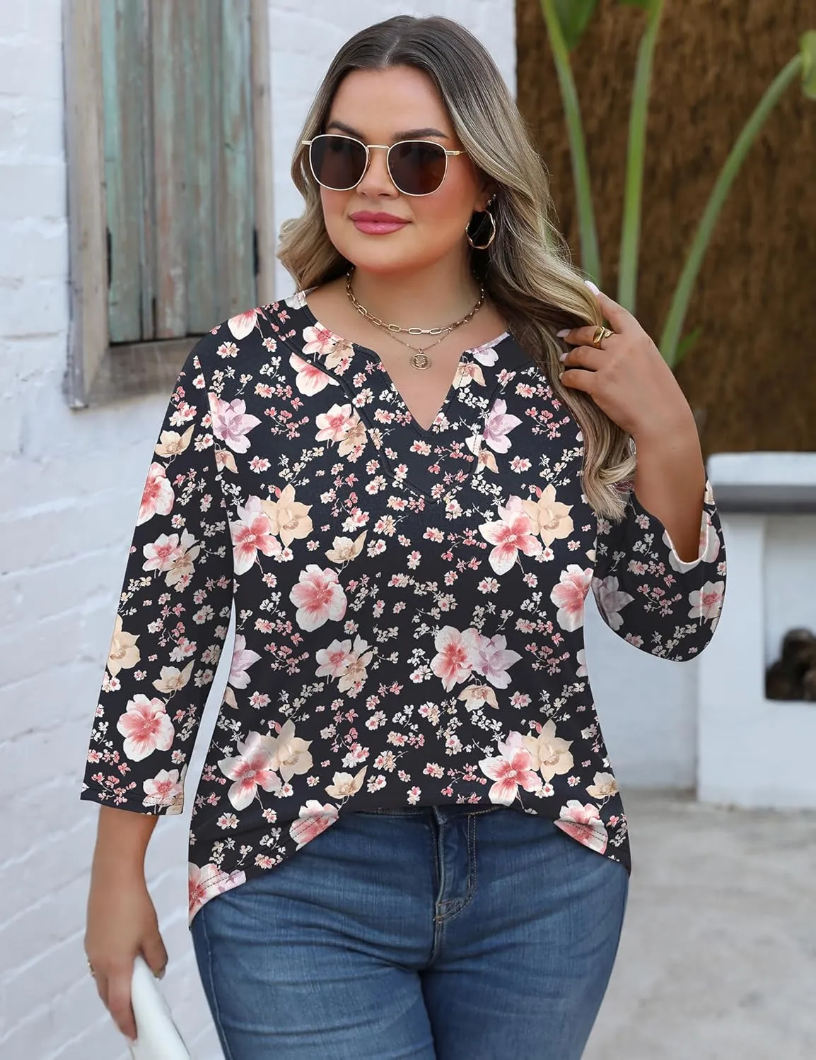 Romanstii Womens Plus Size Tops Casual 3/4 Sleeve V Neck T Shirt Loose Fit Tunic Blouse 1X-5X