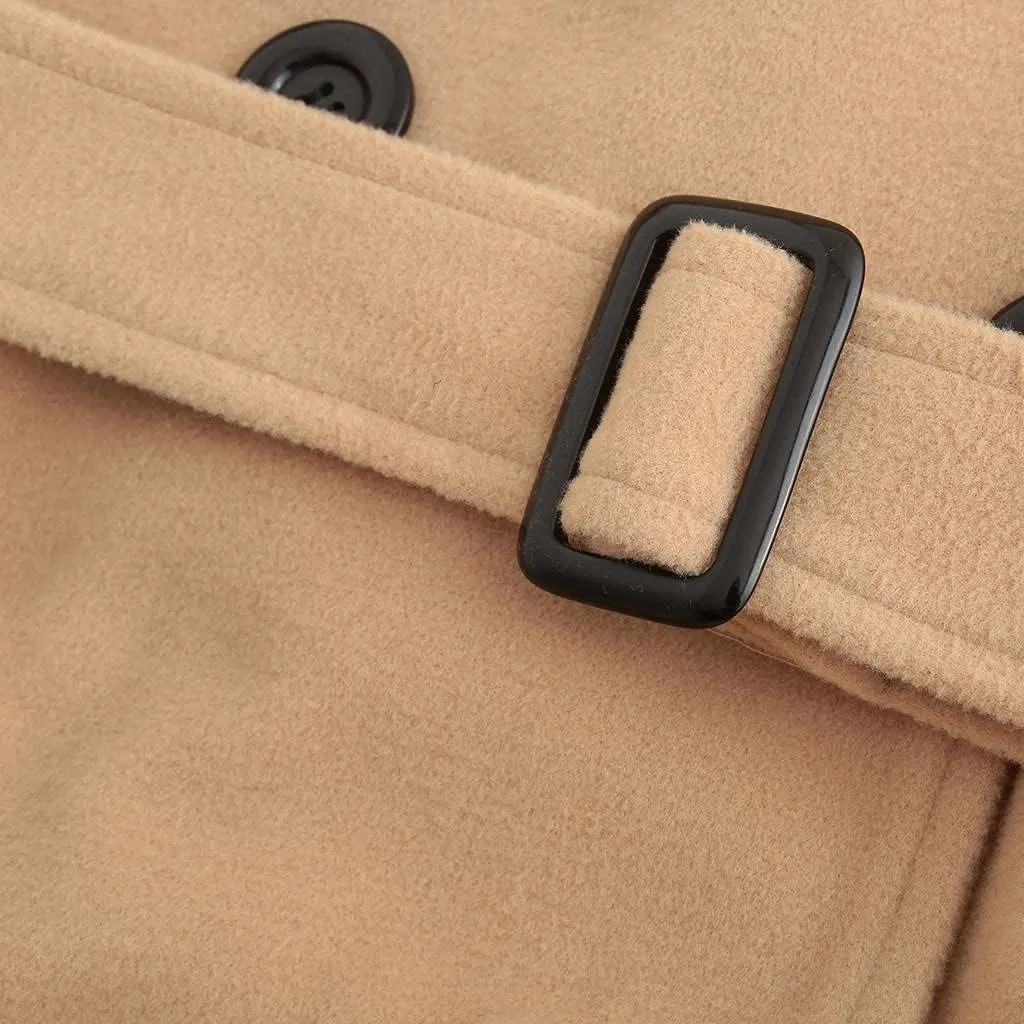 SACFOF Women Swing Double Breasted Wool Pea Coat with Belt Winter Buckle Long Sleeve Trench Jacket Lapel Dresses Outwear