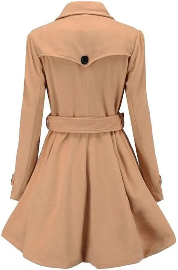 SACFOF Women Swing Double Breasted Wool Pea Coat with Belt Winter Buckle Long Sleeve Trench Jacket Lapel Dresses Outwear