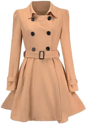 SACFOF Women Swing Double Breasted Wool Pea Coat with Belt Winter Buckle Long Sleeve Trench Jacket Lapel Dresses Outwear