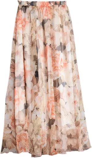SANGTREE Women's Chiffon Boho Elastic Waist Floral Print Maxi Skirts