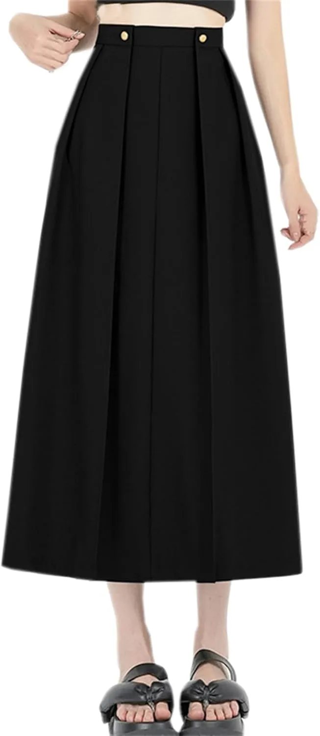 SANGTREE Women's Long Pleated Skirt High Waist Solid Color Uniform A Line Midi Skirts