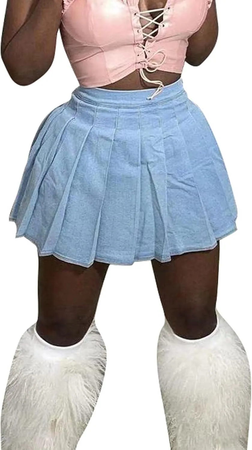 SEMATOMALA Women's Y2K Denim Pleated Mini Skirt Casual Summer Juniors Teen Girls Blue Jean Tennis Skater A-line Skirt