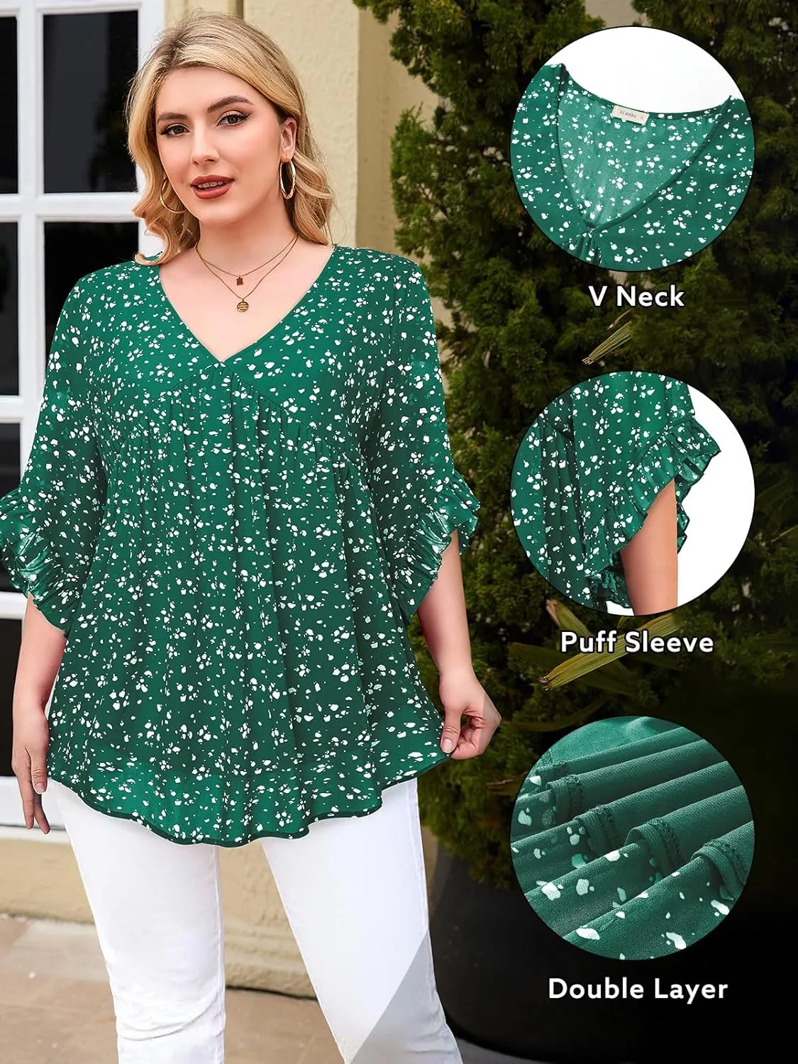 Siddhe Womens Plus Size Tops Ruffle 3/4 Sleeve Tunic Tops Chiffon V Neck Summer Shirt Blouses 2025