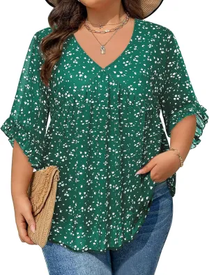 Siddhe Womens Plus Size Tops Ruffle 3/4 Sleeve Tunic Tops Chiffon V Neck Summer Shirt Blouses 2025