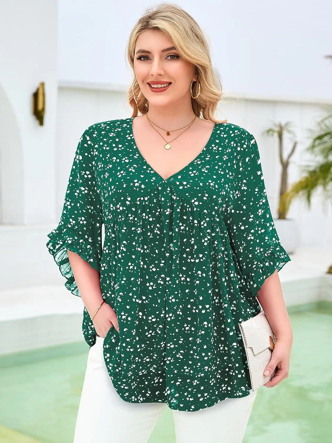 Siddhe Womens Plus Size Tops Ruffle 3/4 Sleeve Tunic Tops Chiffon V Neck Summer Shirt Blouses 2025