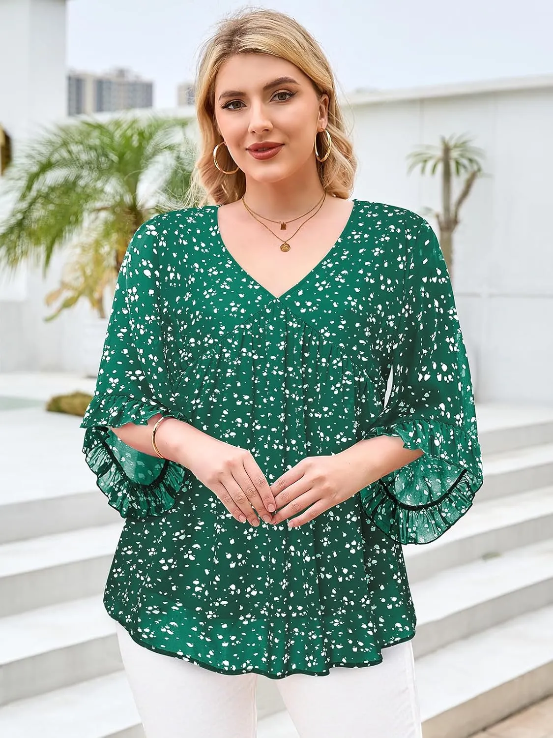 Siddhe Womens Plus Size Tops Ruffle 3/4 Sleeve Tunic Tops Chiffon V Neck Summer Shirt Blouses 2025
