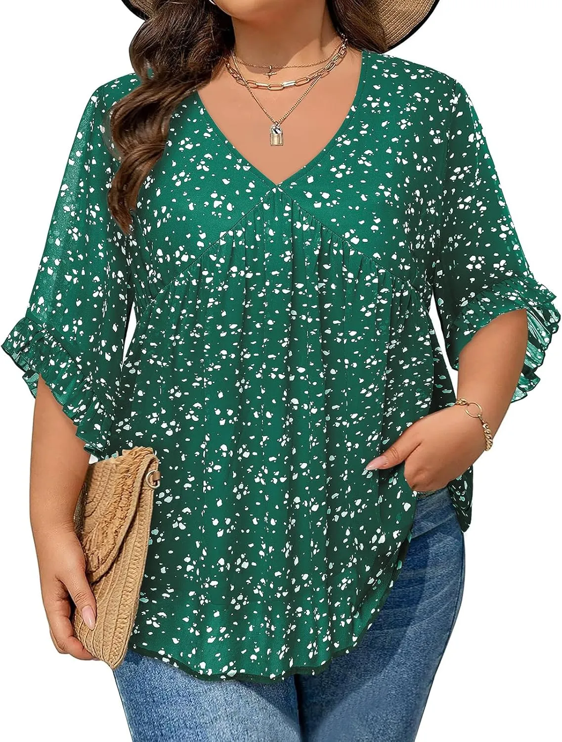 Siddhe Womens Plus Size Tops Ruffle 3/4 Sleeve Tunic Tops Chiffon V Neck Summer Shirt Blouses 2025