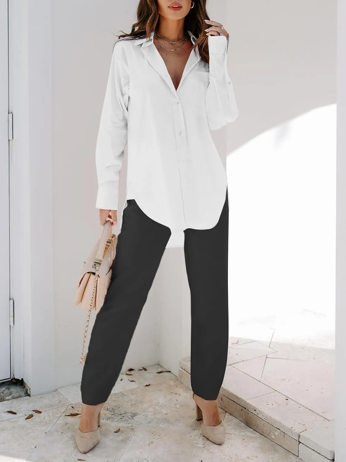 siliteelon Womens Button Down Shirts Dress Shirts Long Sleeve Blouses V Neck Solid Casual Tunics Tops with Pockets