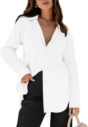 siliteelon Womens Button Down Shirts Dress Shirts Long Sleeve Blouses V Neck Solid Casual Tunics Tops with Pockets