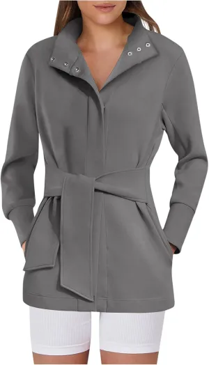 Sinzelimin Womens Mid-Length Trench Coat with Belt Fashion Button up Stand Collar Long Sleeves Windbreaker Outwear & Jackets