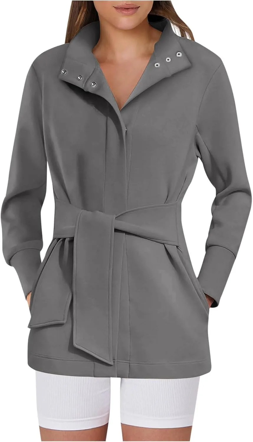 Sinzelimin Womens Mid-Length Trench Coat with Belt Fashion Button up Stand Collar Long Sleeves Windbreaker Outwear & Jackets