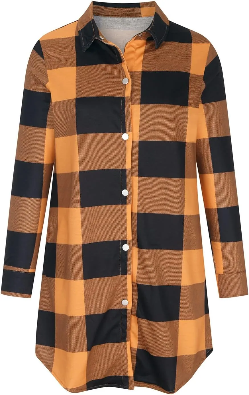 SMIDOW Womens Fall 2023 Casual Button Cardigan Jacket Outwears Flannel Plaid Long Shacket Jacket Tartan Trench Coat