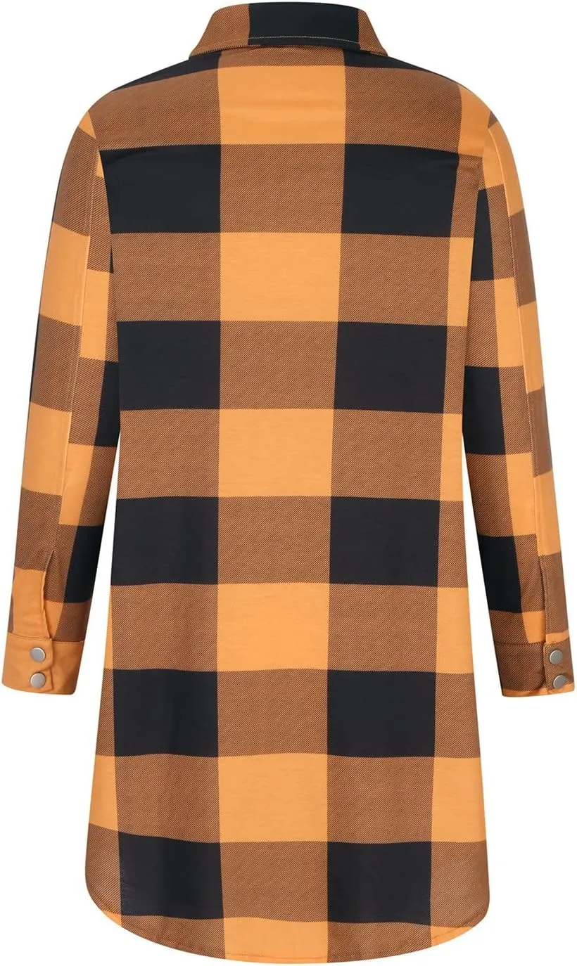SMIDOW Womens Fall 2023 Casual Button Cardigan Jacket Outwears Flannel Plaid Long Shacket Jacket Tartan Trench Coat