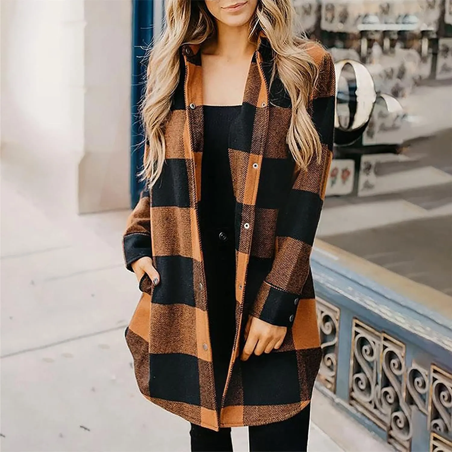 SMIDOW Womens Fall 2023 Casual Button Cardigan Jacket Outwears Flannel Plaid Long Shacket Jacket Tartan Trench Coat