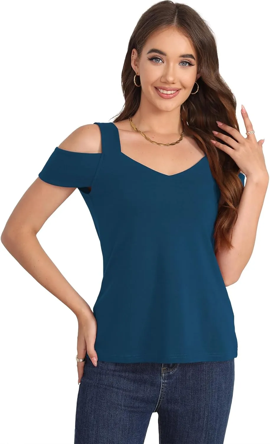 Soesdemo Summer Tops Womens Tunic Top Short Sleeve Cold Shoulder V Neck Loose Fit Basic Tee Casual Tops Shirts Blouse