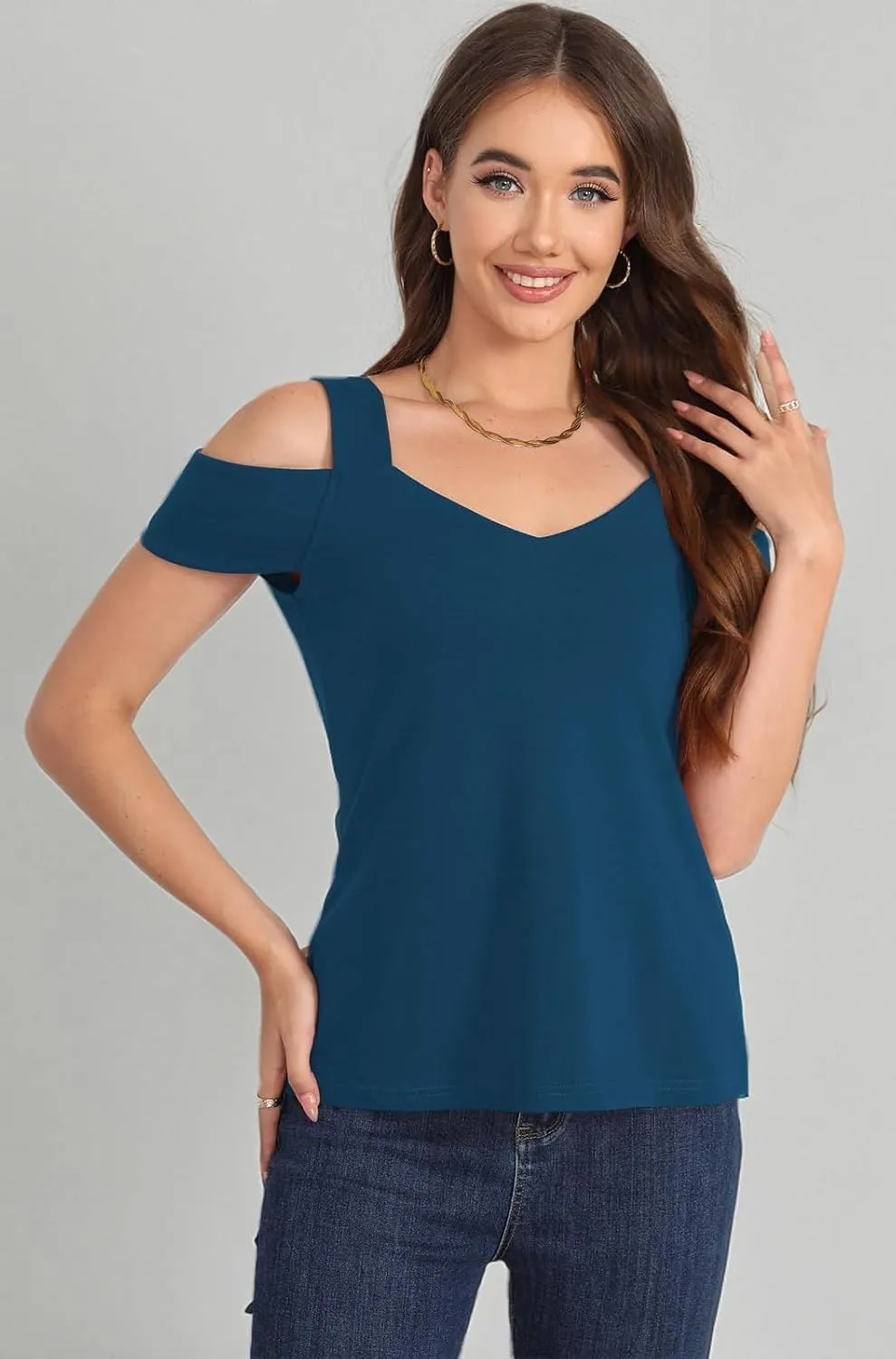Soesdemo Summer Tops Womens Tunic Top Short Sleeve Cold Shoulder V Neck Loose Fit Basic Tee Casual Tops Shirts Blouse