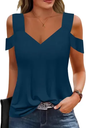 Soesdemo Summer Tops Womens Tunic Top Short Sleeve Cold Shoulder V Neck Loose Fit Basic Tee Casual Tops Shirts Blouse