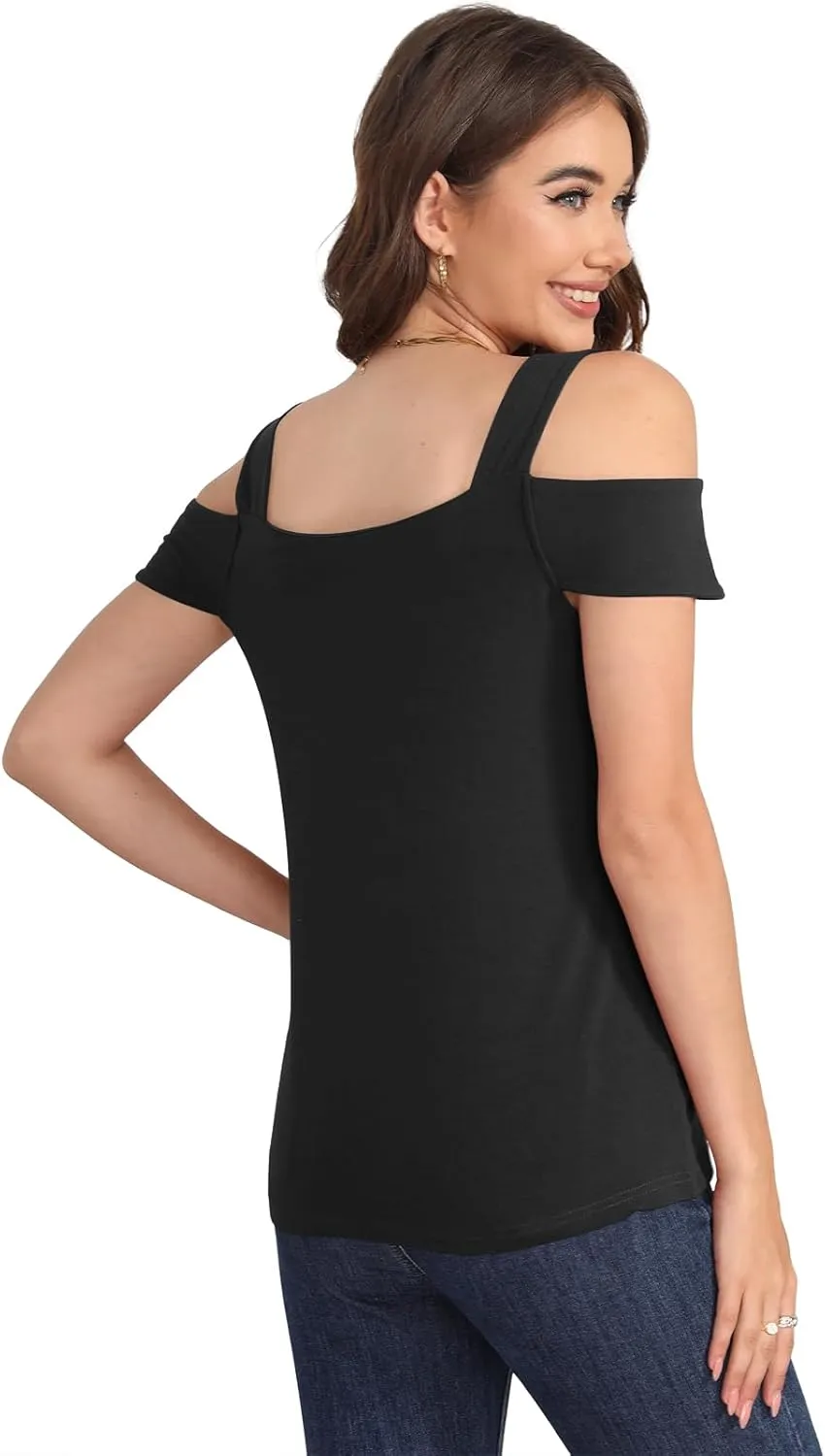 Soesdemo Summer Tops Womens Tunic Top Short Sleeve Cold Shoulder V Neck Loose Fit Basic Tee Casual Tops Shirts Blouse
