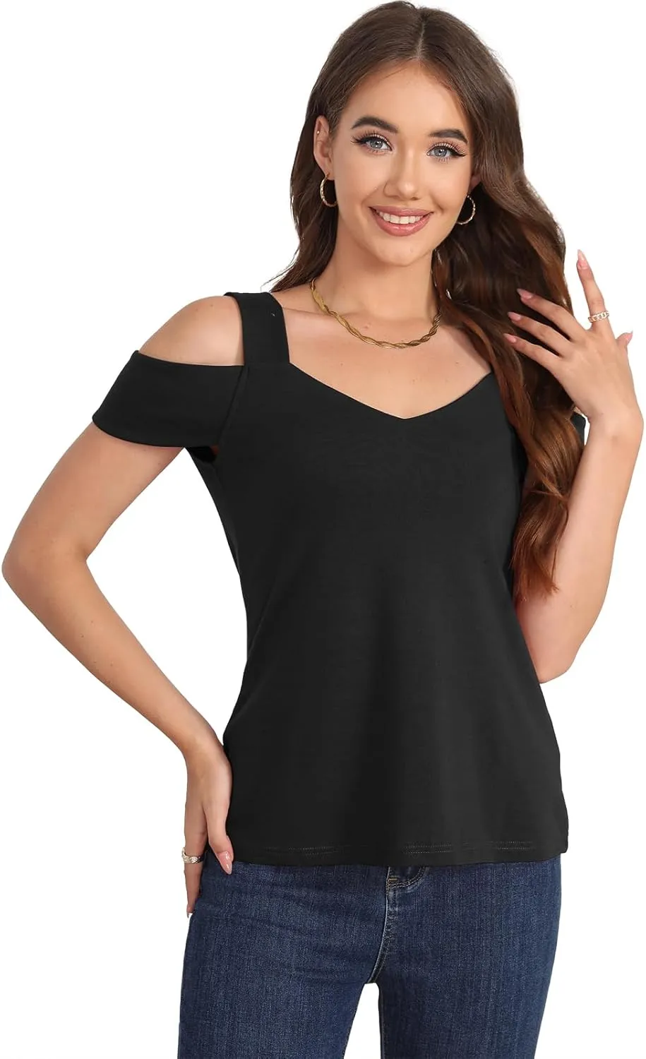 Soesdemo Summer Tops Womens Tunic Top Short Sleeve Cold Shoulder V Neck Loose Fit Basic Tee Casual Tops Shirts Blouse
