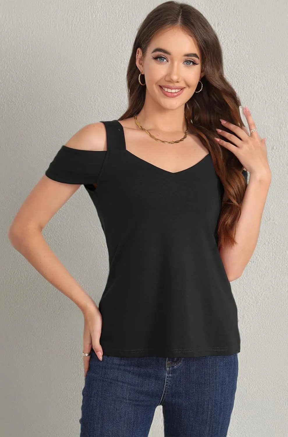 Soesdemo Summer Tops Womens Tunic Top Short Sleeve Cold Shoulder V Neck Loose Fit Basic Tee Casual Tops Shirts Blouse