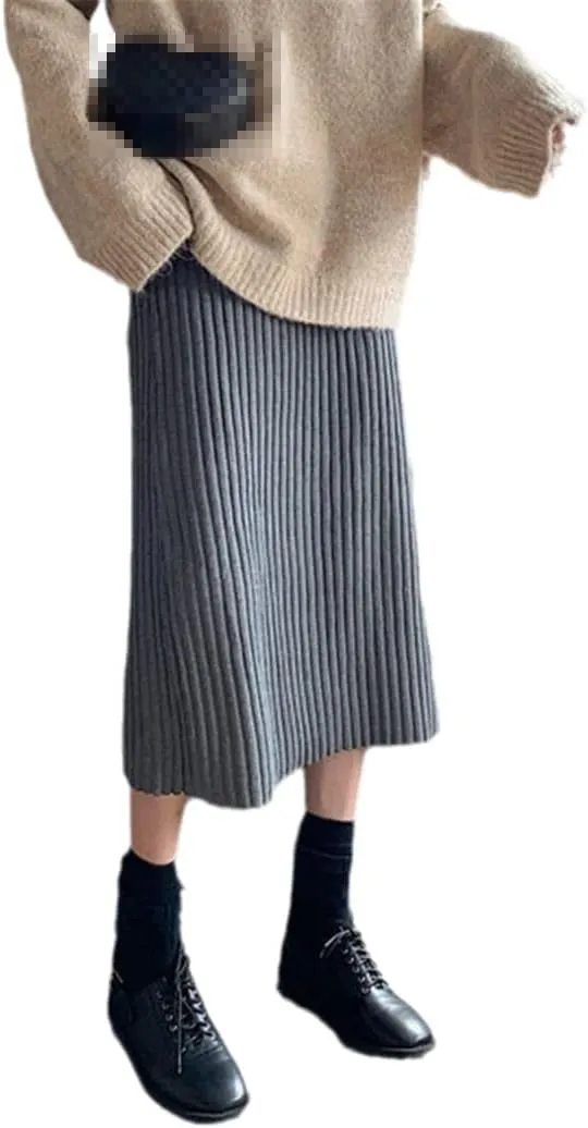 Spring Autumn Warm Women Solid Skirts Knitting Straight Midi Korean Style Elegant Chic Popular Skirts