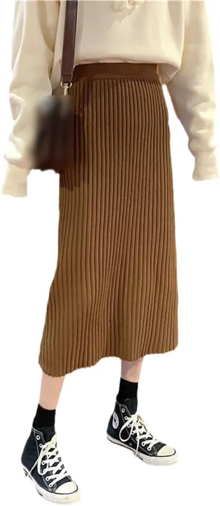 Spring Autumn Warm Women Solid Skirts Knitting Straight Midi Korean Style Elegant Chic Popular Skirts