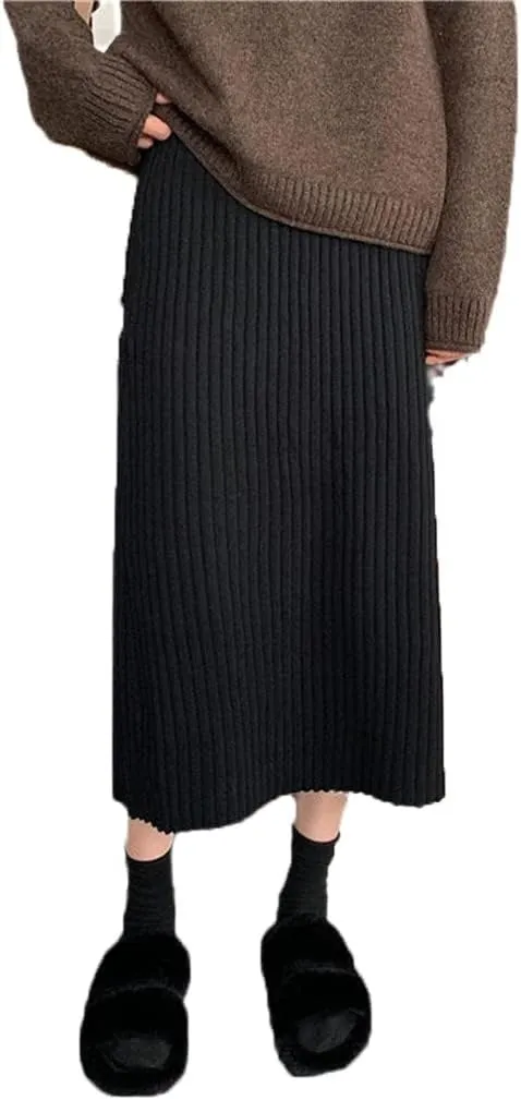 Spring Autumn Warm Women Solid Skirts Knitting Straight Midi Korean Style Elegant Chic Popular Skirts