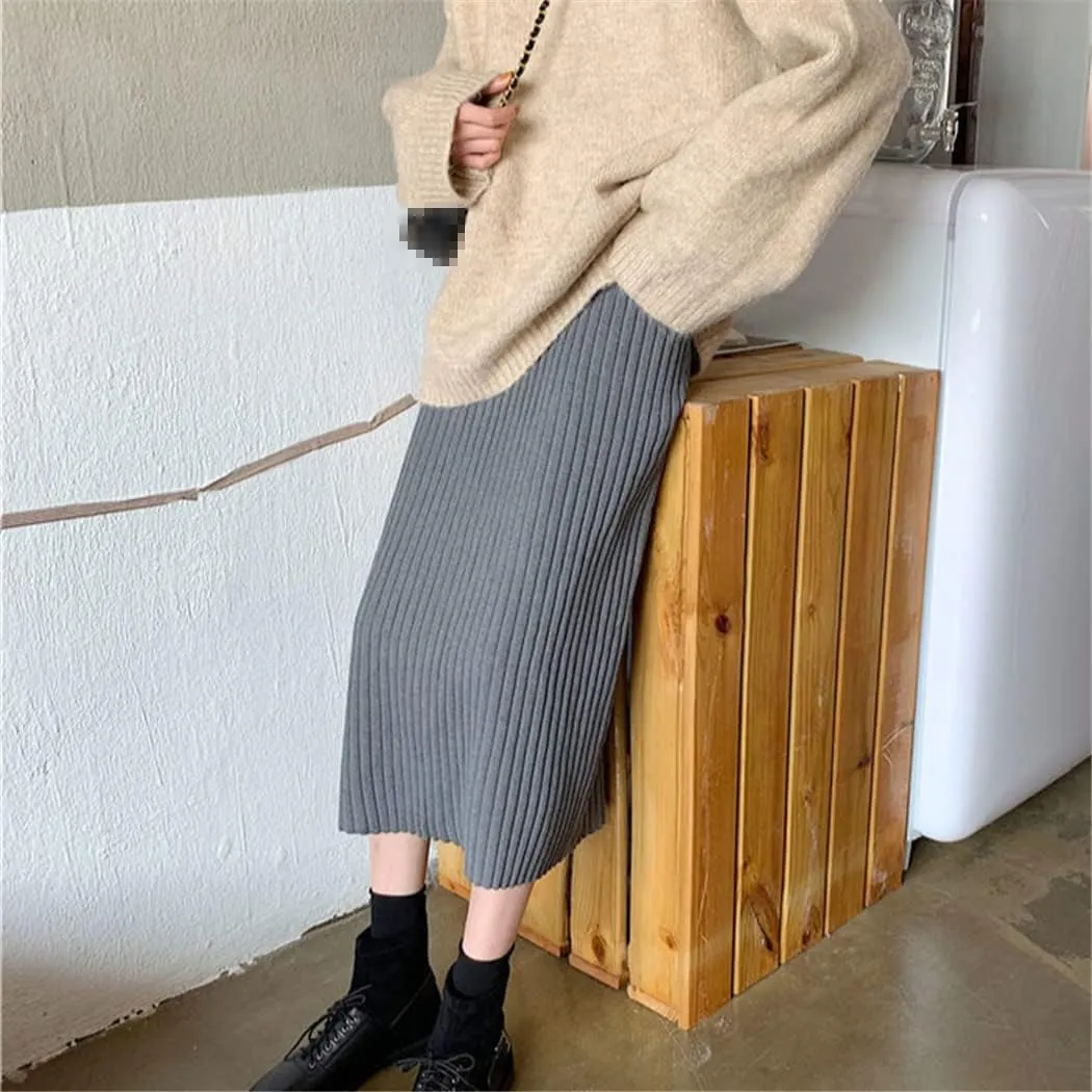 Spring Autumn Warm Women Solid Skirts Knitting Straight Midi Korean Style Elegant Chic Popular Skirts
