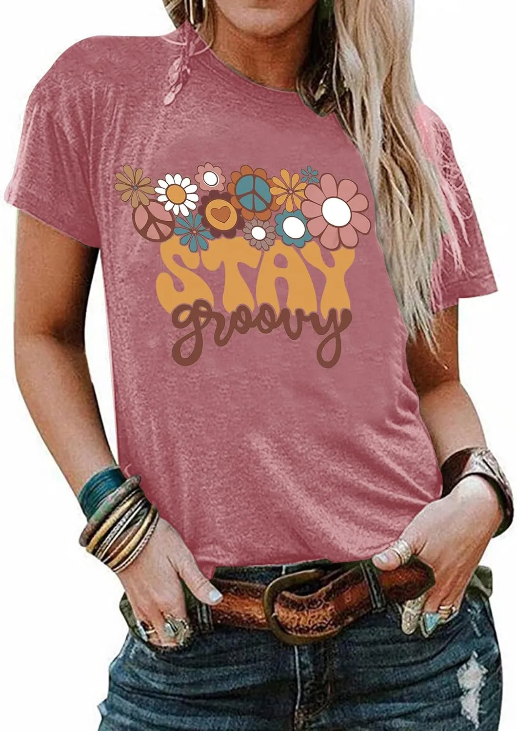 Stay Groovy Shirt for Womens:Hippie 70s T-Shirt Cute Hippie 70s T-Shirt Casual Short Sleeve Tee Tops
