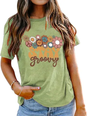 Stay Groovy Shirt for Womens:Hippie 70s T-Shirt Cute Hippie 70s T-Shirt Casual Short Sleeve Tee Tops