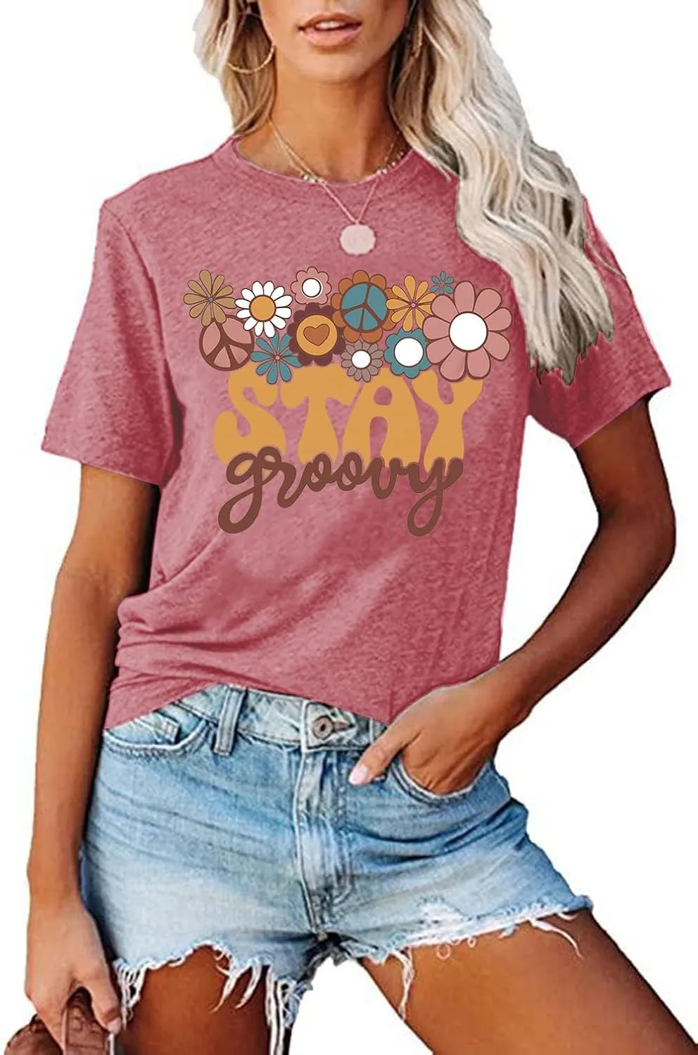 Stay Groovy Shirt for Womens:Hippie 70s T-Shirt Cute Hippie 70s T-Shirt Casual Short Sleeve Tee Tops