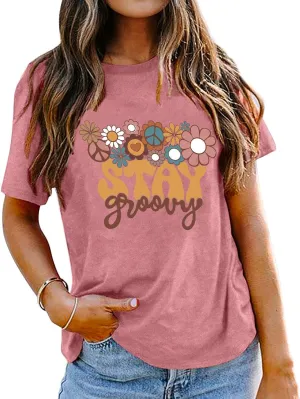 Stay Groovy Shirt for Womens:Hippie 70s T-Shirt Cute Hippie 70s T-Shirt Casual Short Sleeve Tee Tops