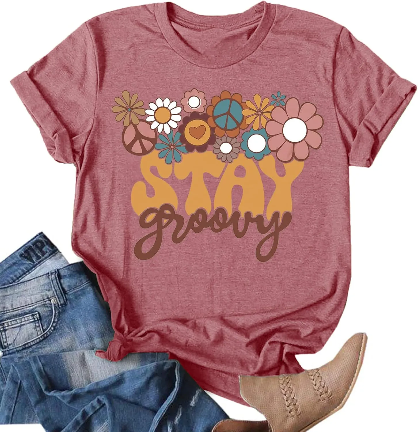 Stay Groovy Shirt for Womens:Hippie 70s T-Shirt Cute Hippie 70s T-Shirt Casual Short Sleeve Tee Tops