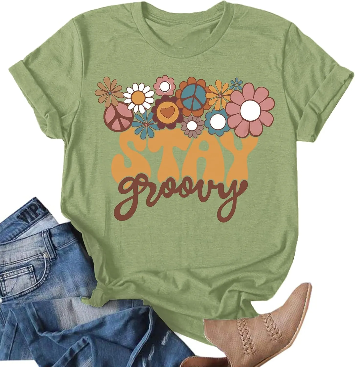 Stay Groovy Shirt for Womens:Hippie 70s T-Shirt Cute Hippie 70s T-Shirt Casual Short Sleeve Tee Tops