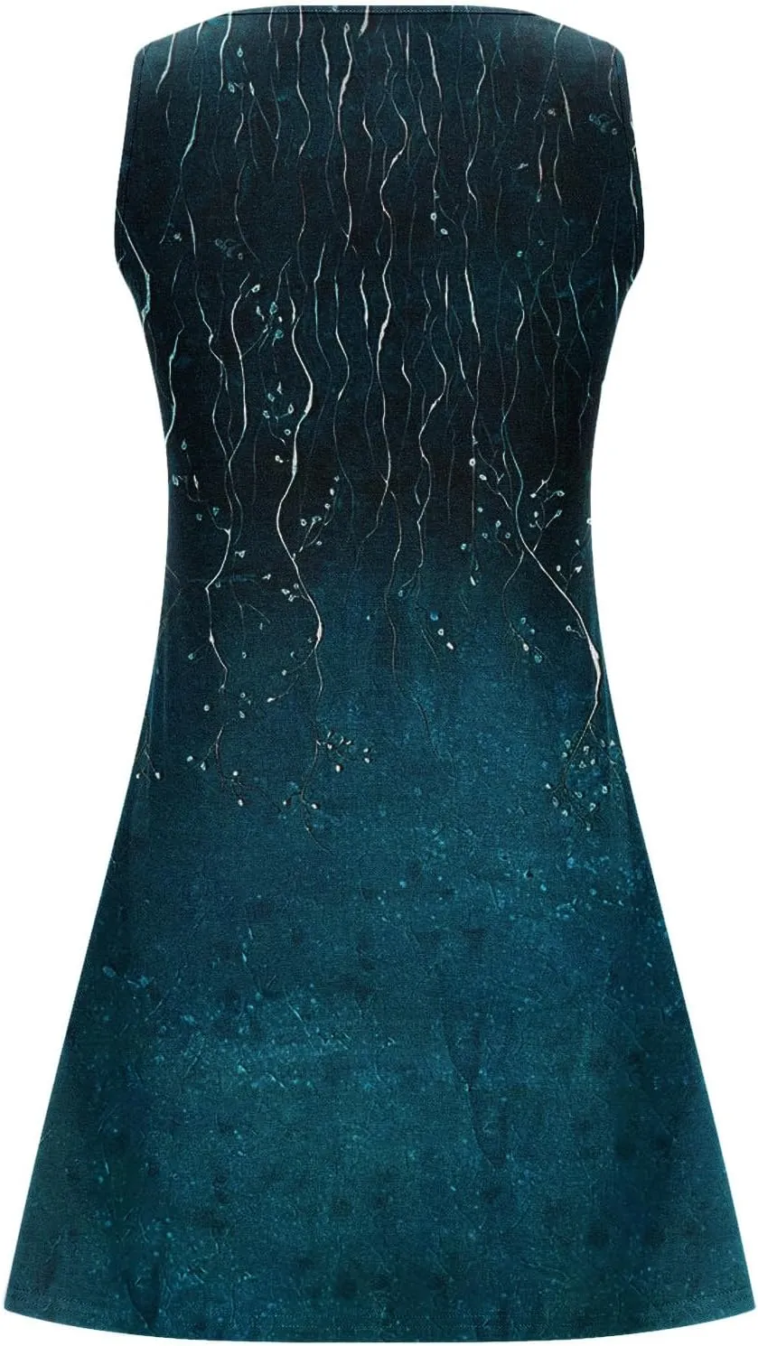 Summer Shirt Dress Women V-Neck Floral Graphic A-Line Boho Tank Dresses Sleeveless Beach Sundress Casual Outfit