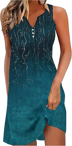 Summer Shirt Dress Women V-Neck Floral Graphic A-Line Boho Tank Dresses Sleeveless Beach Sundress Casual Outfit