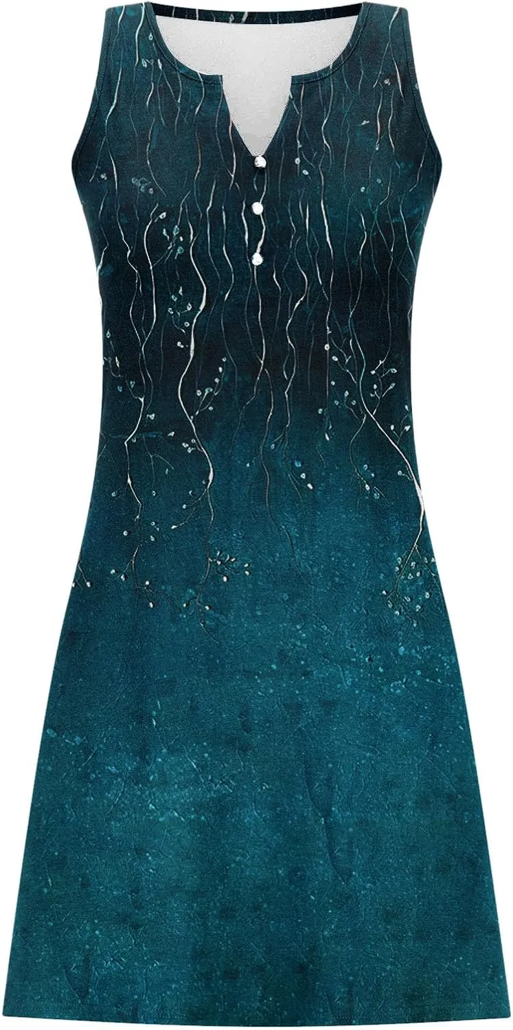 Summer Shirt Dress Women V-Neck Floral Graphic A-Line Boho Tank Dresses Sleeveless Beach Sundress Casual Outfit