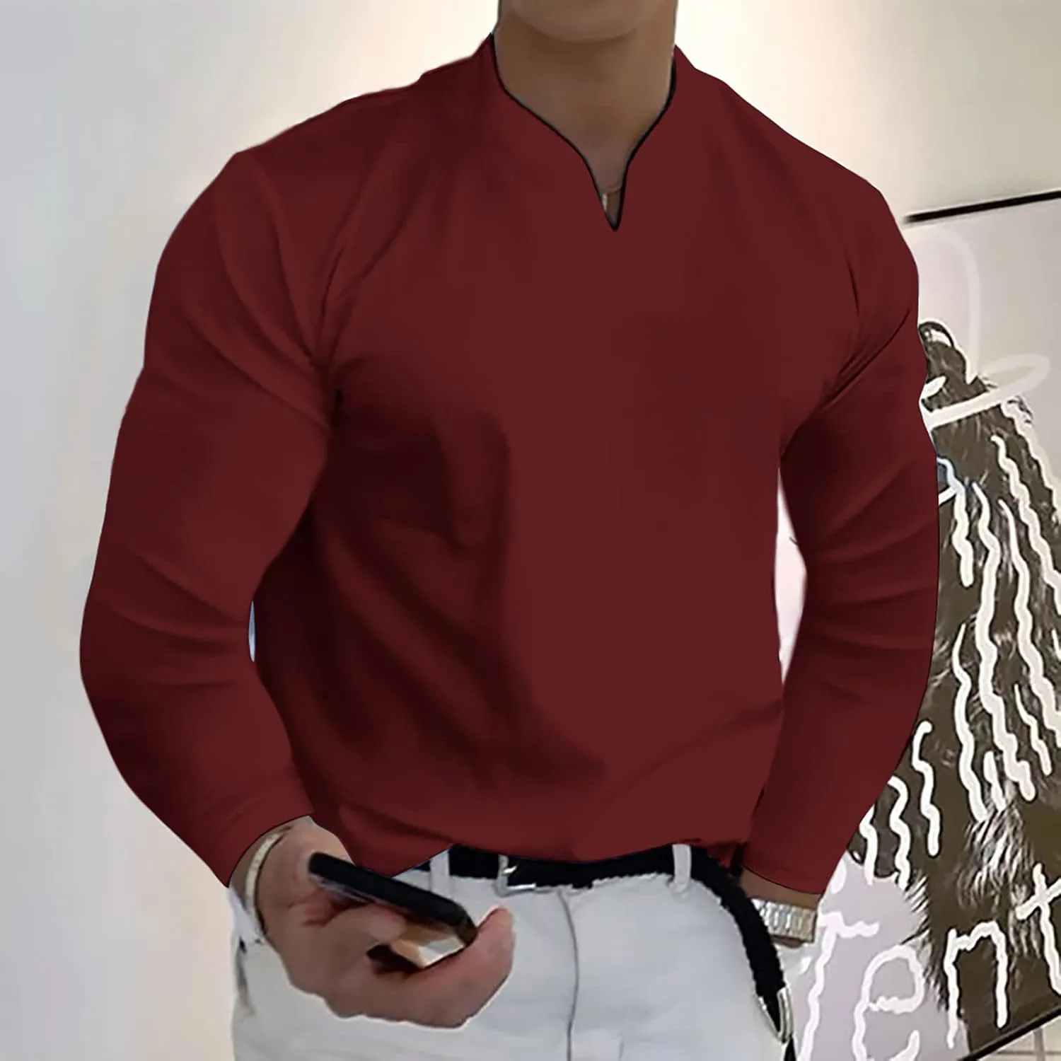 Summer Shirts for Men Casual Stylish Solid Color V Neck Gentleman's Slim Fit Business Long Sleeve Muscle T-Shirt