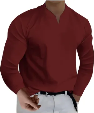 Summer Shirts for Men Casual Stylish Solid Color V Neck Gentleman's Slim Fit Business Long Sleeve Muscle T-Shirt