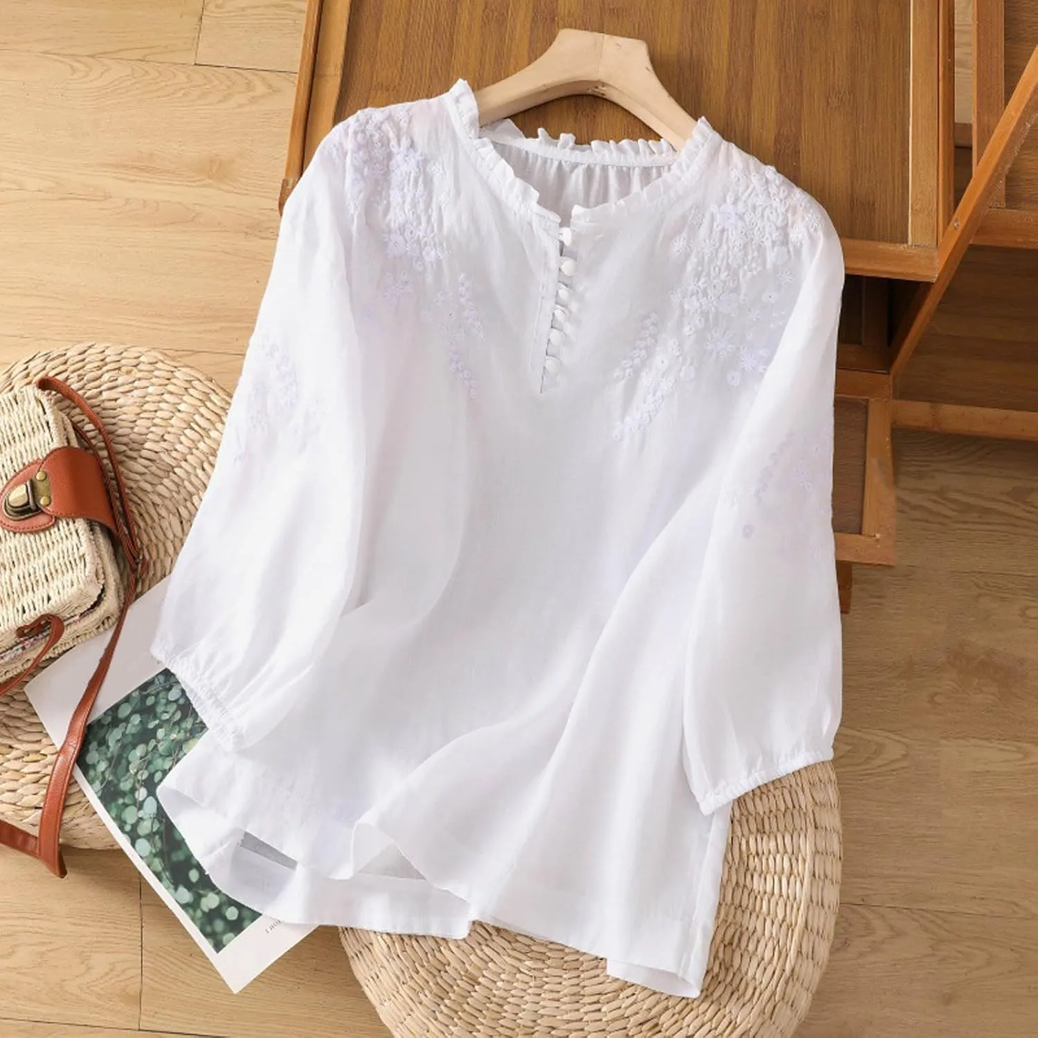 Summer Tops for Women 2025 Cotton Linen Embroidered Retro Henley Neck 3/4 Lantern Sleeve Tops Button Down Tunic Blouse