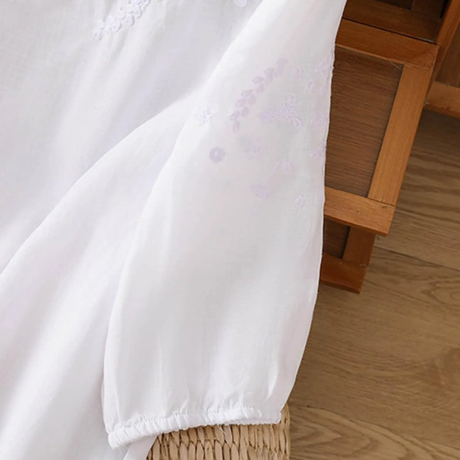 Summer Tops for Women 2025 Cotton Linen Embroidered Retro Henley Neck 3/4 Lantern Sleeve Tops Button Down Tunic Blouse