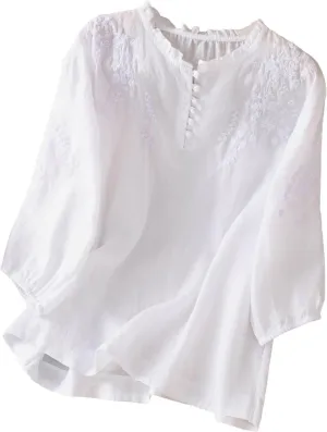 Summer Tops for Women 2025 Cotton Linen Embroidered Retro Henley Neck 3/4 Lantern Sleeve Tops Button Down Tunic Blouse
